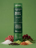 Original beef stick package with green label and beef stick pieces, 9g protein
