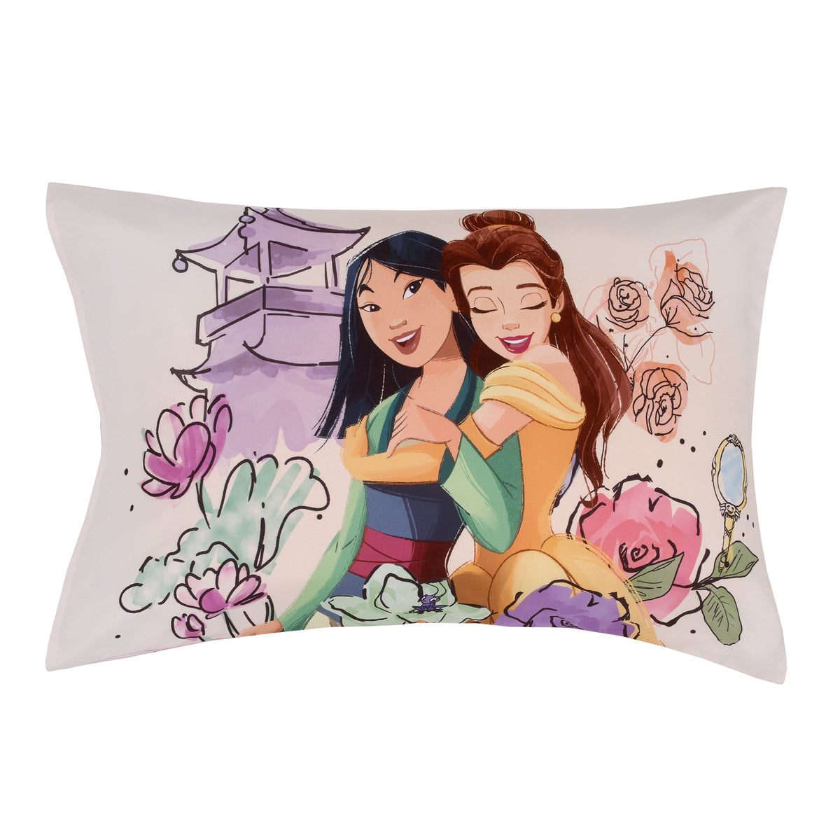 Reversible pillowcase with two Disney princesses hugging and rose floral accents