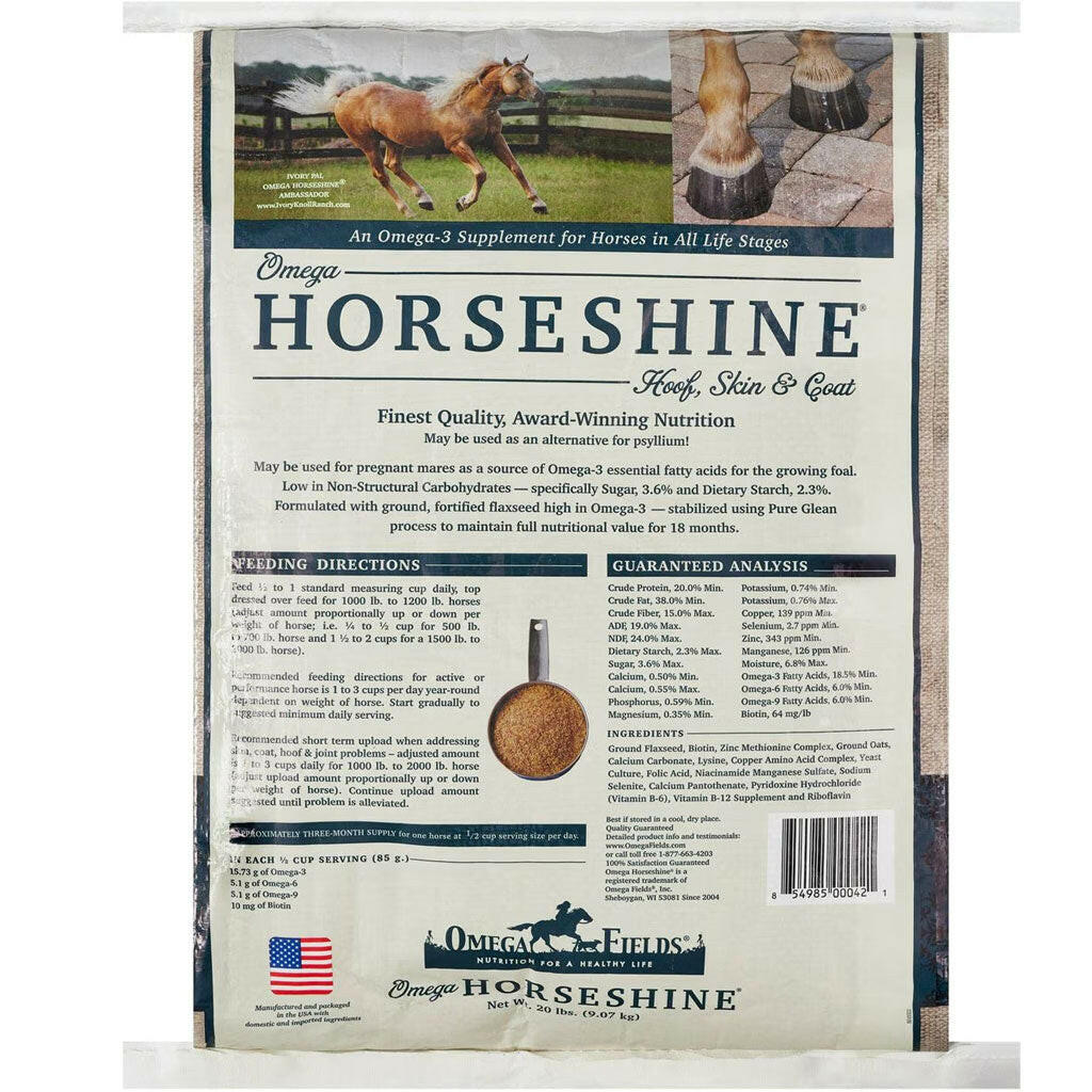 Omega Fields Horseshine powder supplement bag back with ingredients and guaranteed analysis