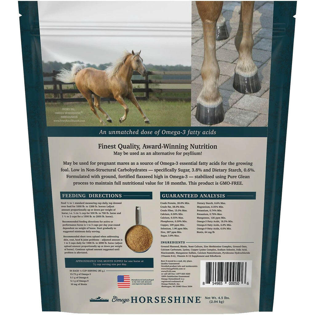 Omega Fields Horseshine back label on powder supplement bag with feeding directions