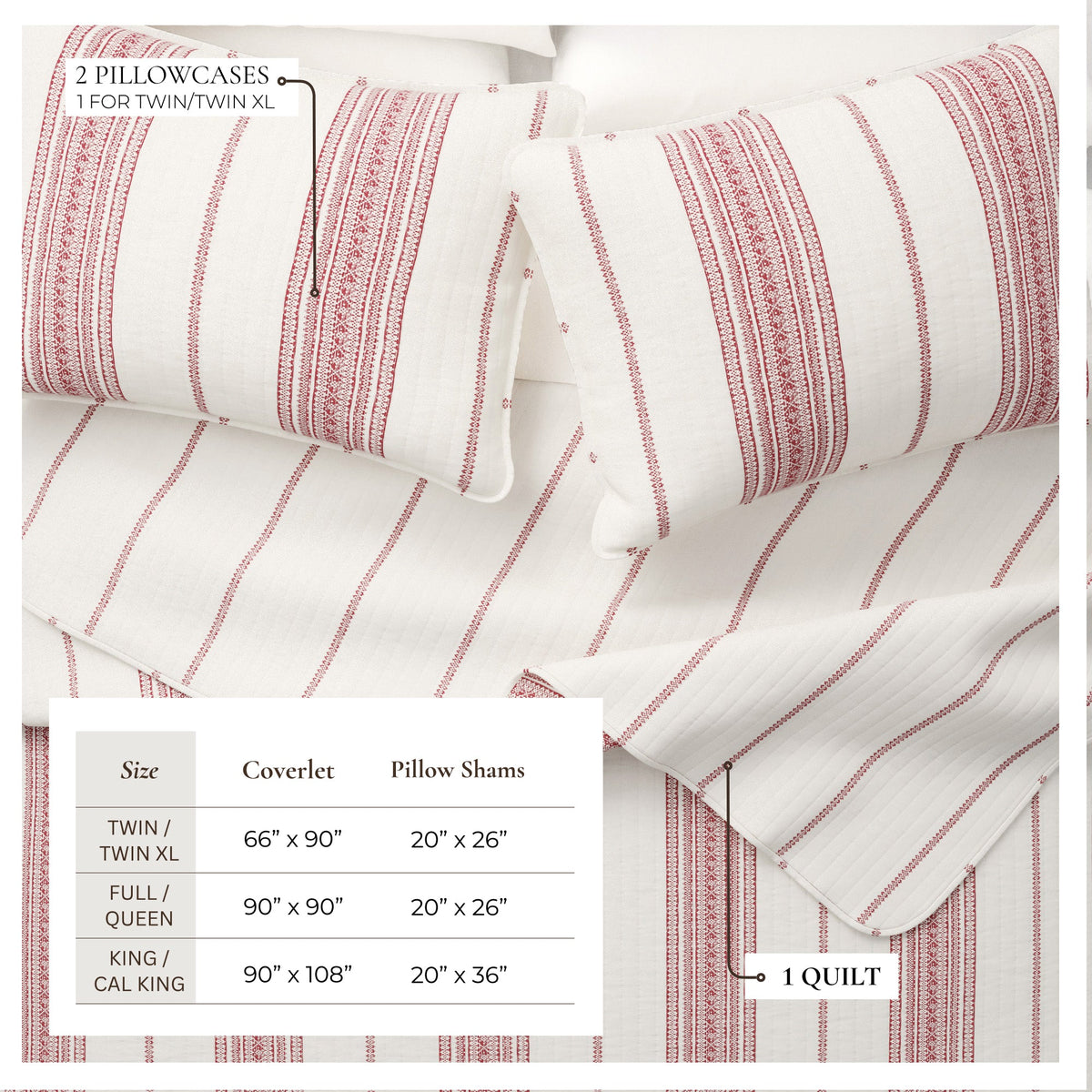 Cream and red striped quilt with matching pillow shams and size guide graphic
