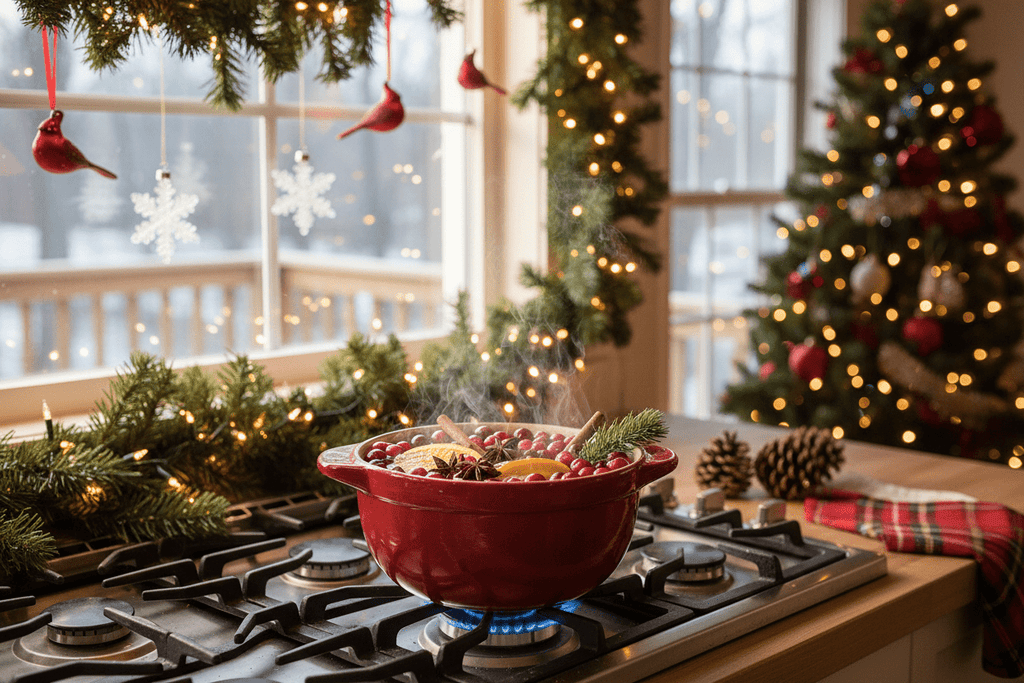 Red stovetop potpourri bowl with pine and citrus pieces on a gas stove