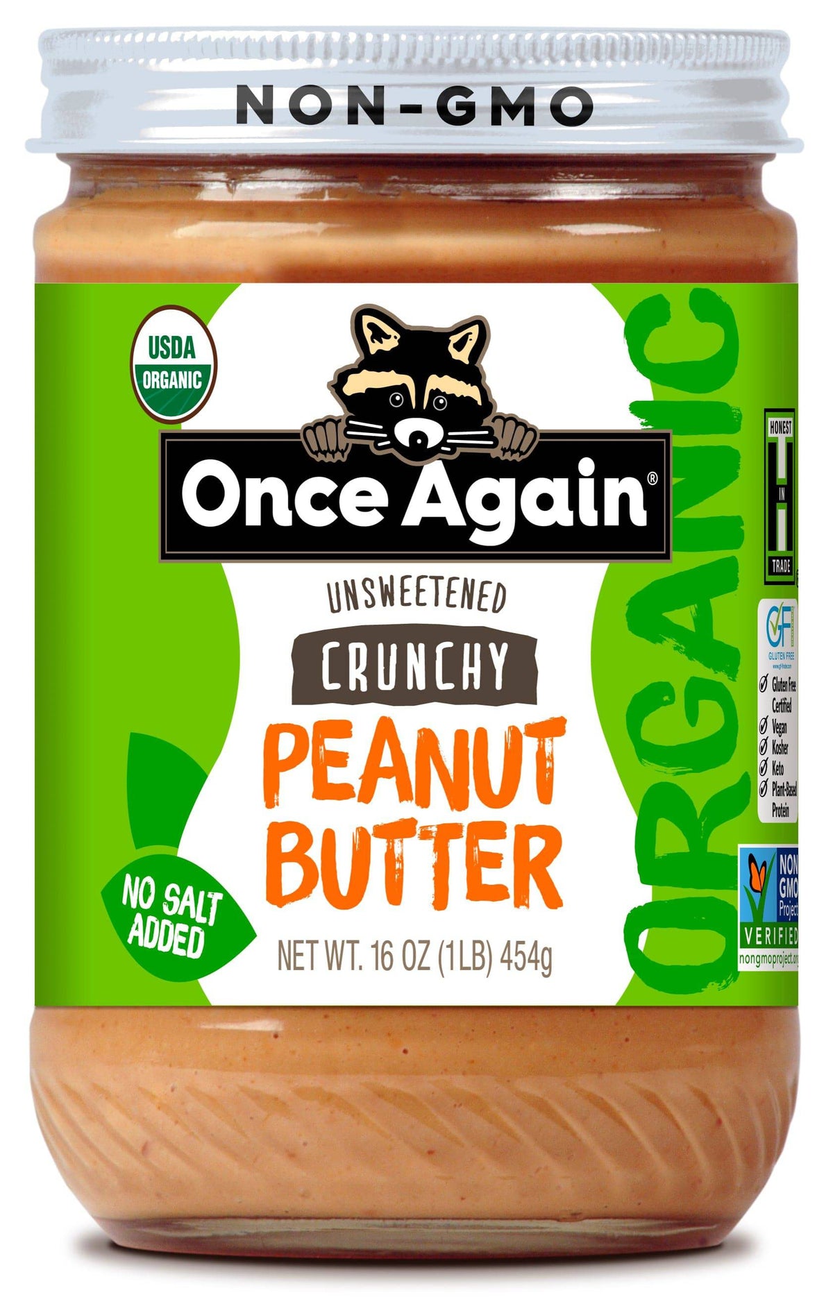 Jar of Once Again unsweetened crunchy peanut butter, no salt added, organic, 16 oz