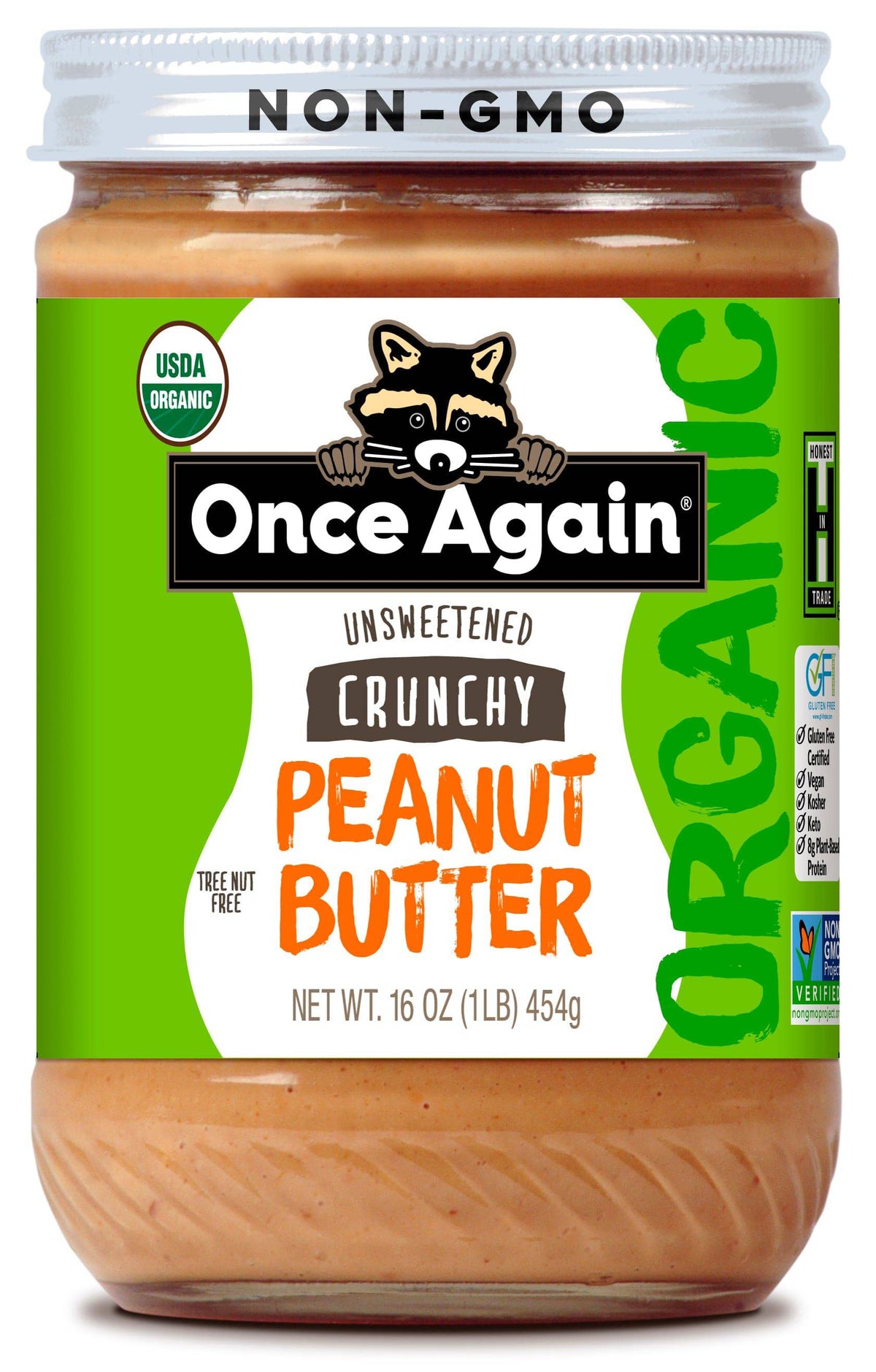 Organic crunchy peanut butter jar with unsweetened label