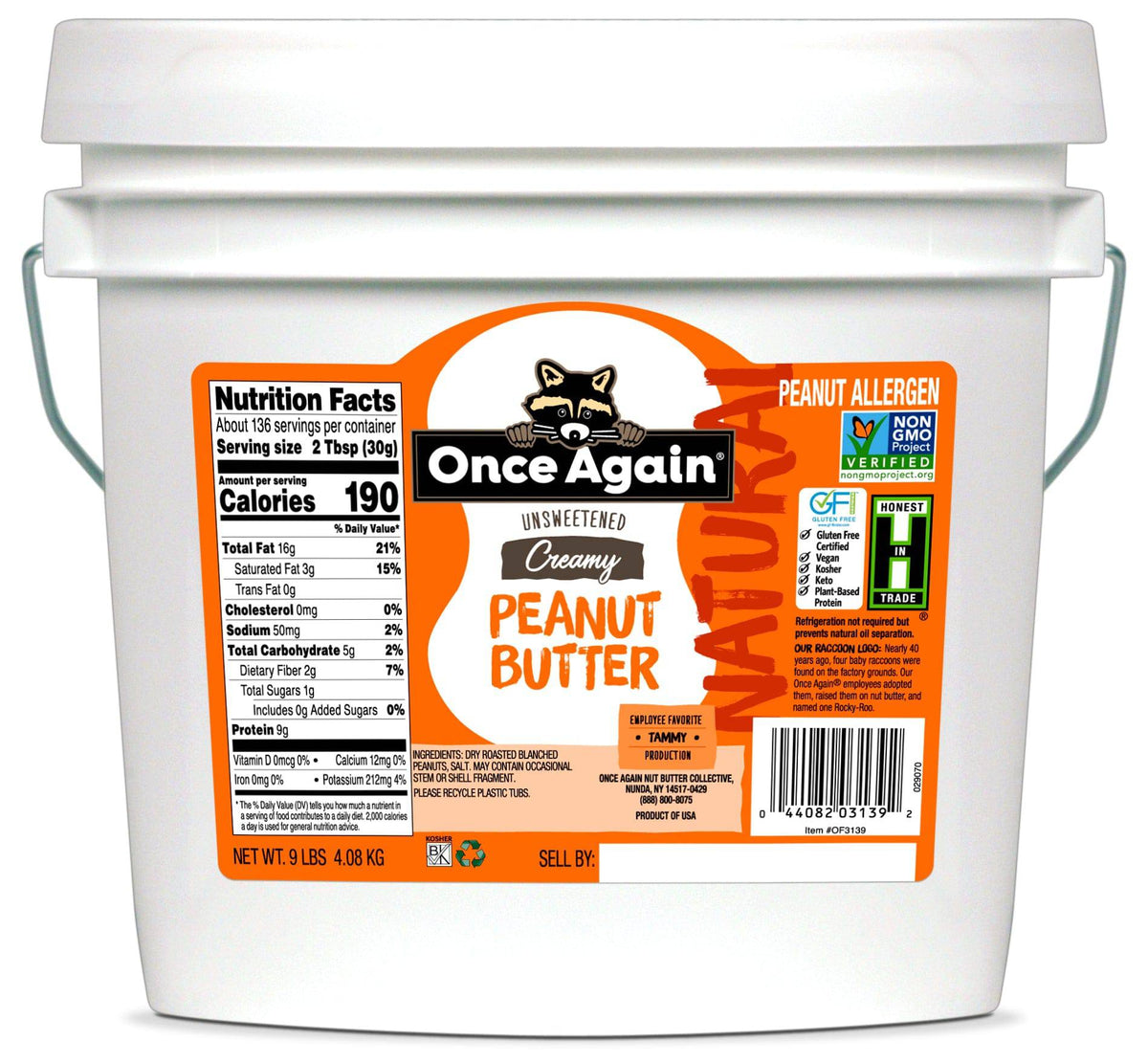 Creamy peanut butter tub with front label and Nutrition Facts panel
