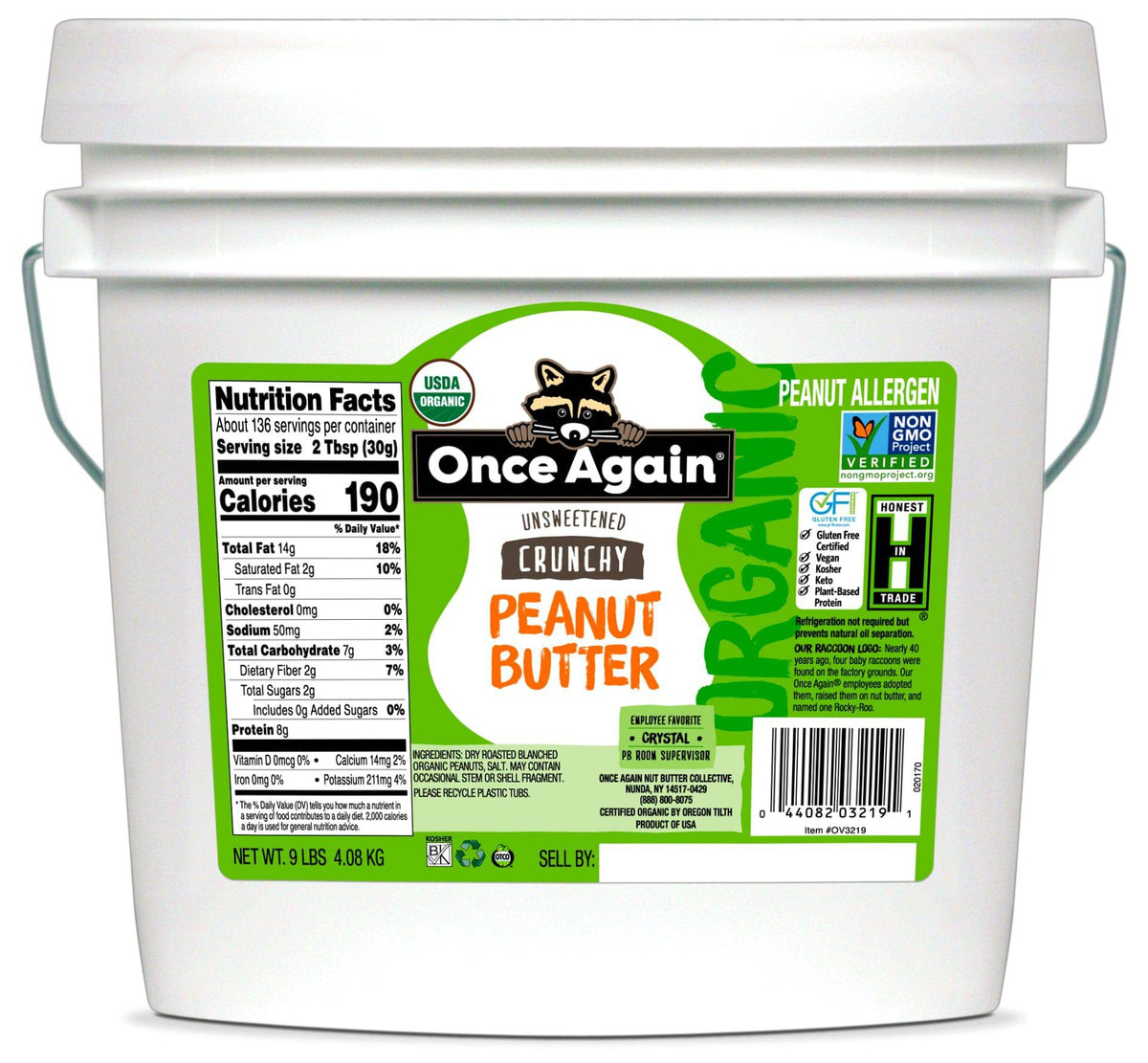 Organic peanut butter jar back label with nutrition facts