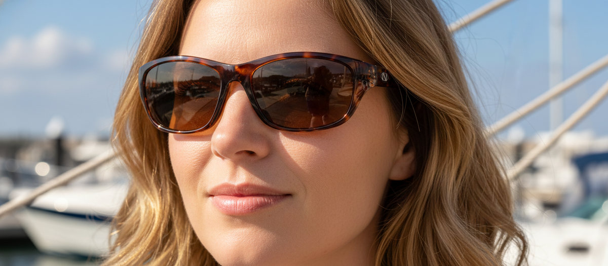 Tortoise sunglasses with dark lenses on face, close-up outdoor wear