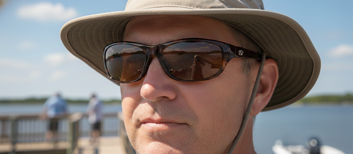 Oak Harbor tortoise sunglasses with dark lenses on a person