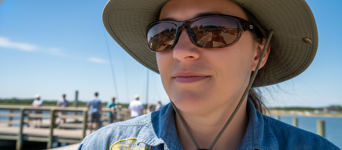 Tortoise sunglasses with dark lenses worn outdoors, angled view on face