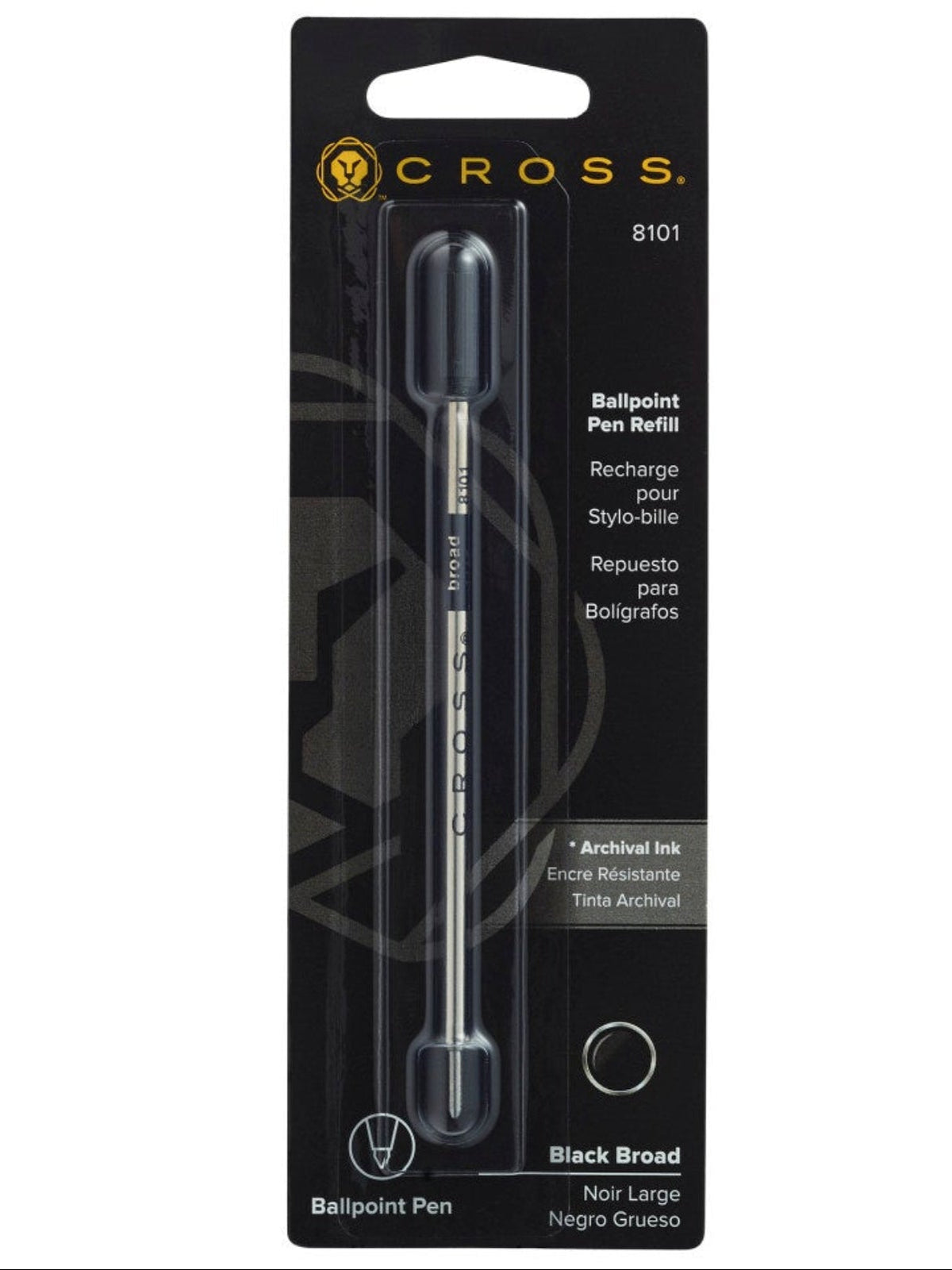 Black ballpoint pen refill with broad tip, clear barrel and black end cap