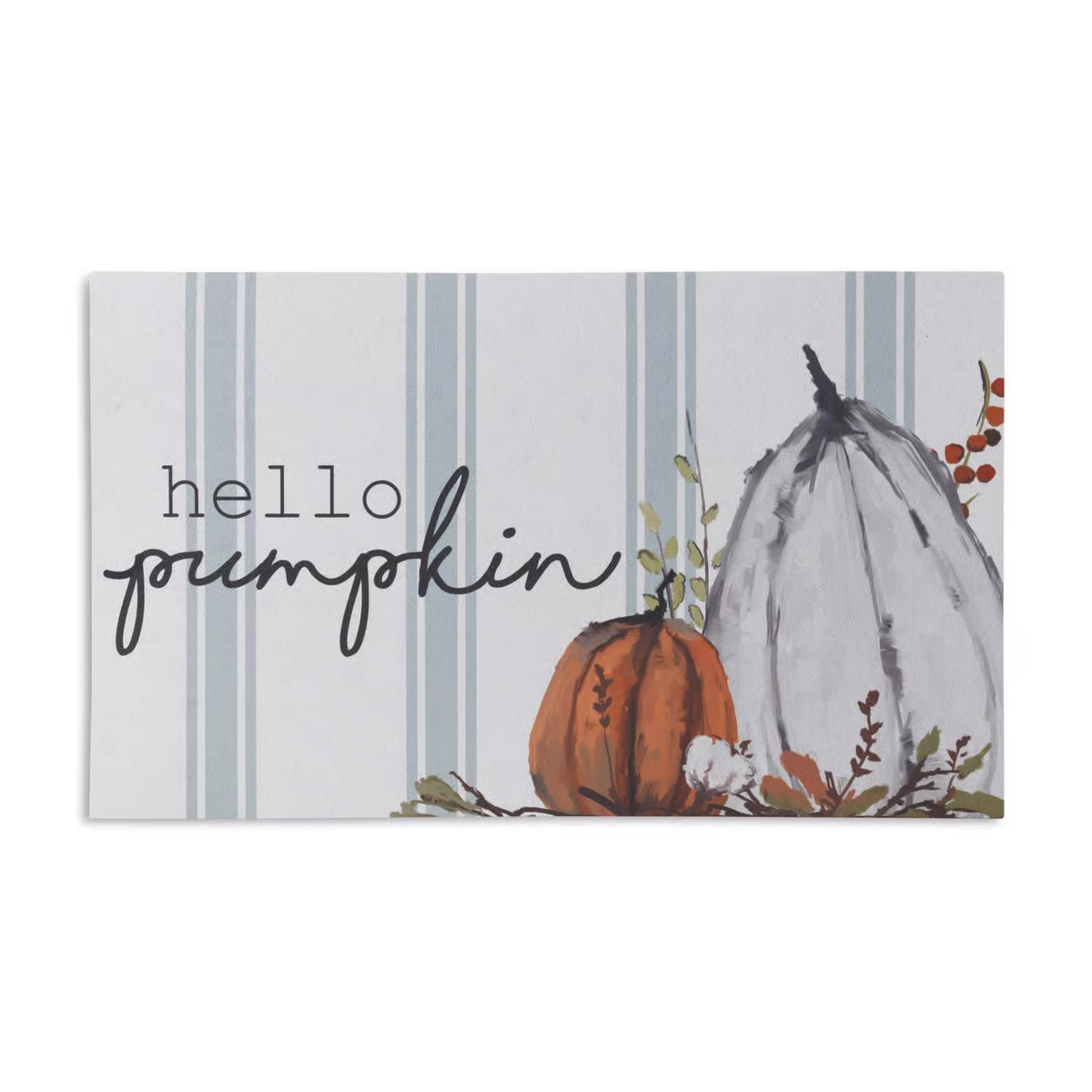 Decorative doormat with blue ticking stripes and 'hello pumpkin' script, pumpkin art