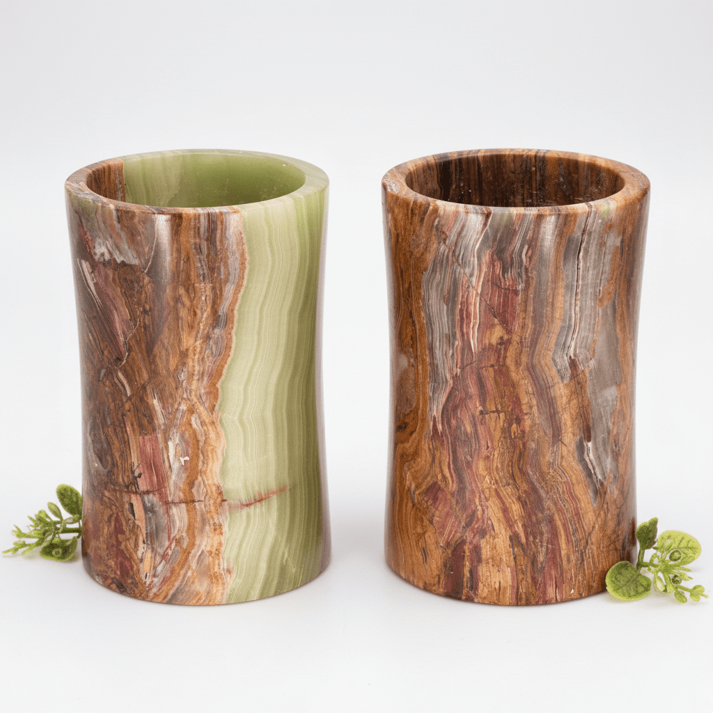 Onyx cylinder vase set, green and brown striped stone with glossy cylindrical shape.