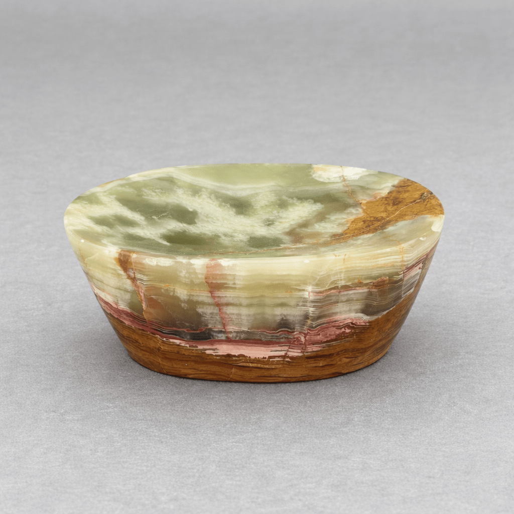 5-inch green and brown gemstone soap dish with marbled stone swirls, glossy oval bowl