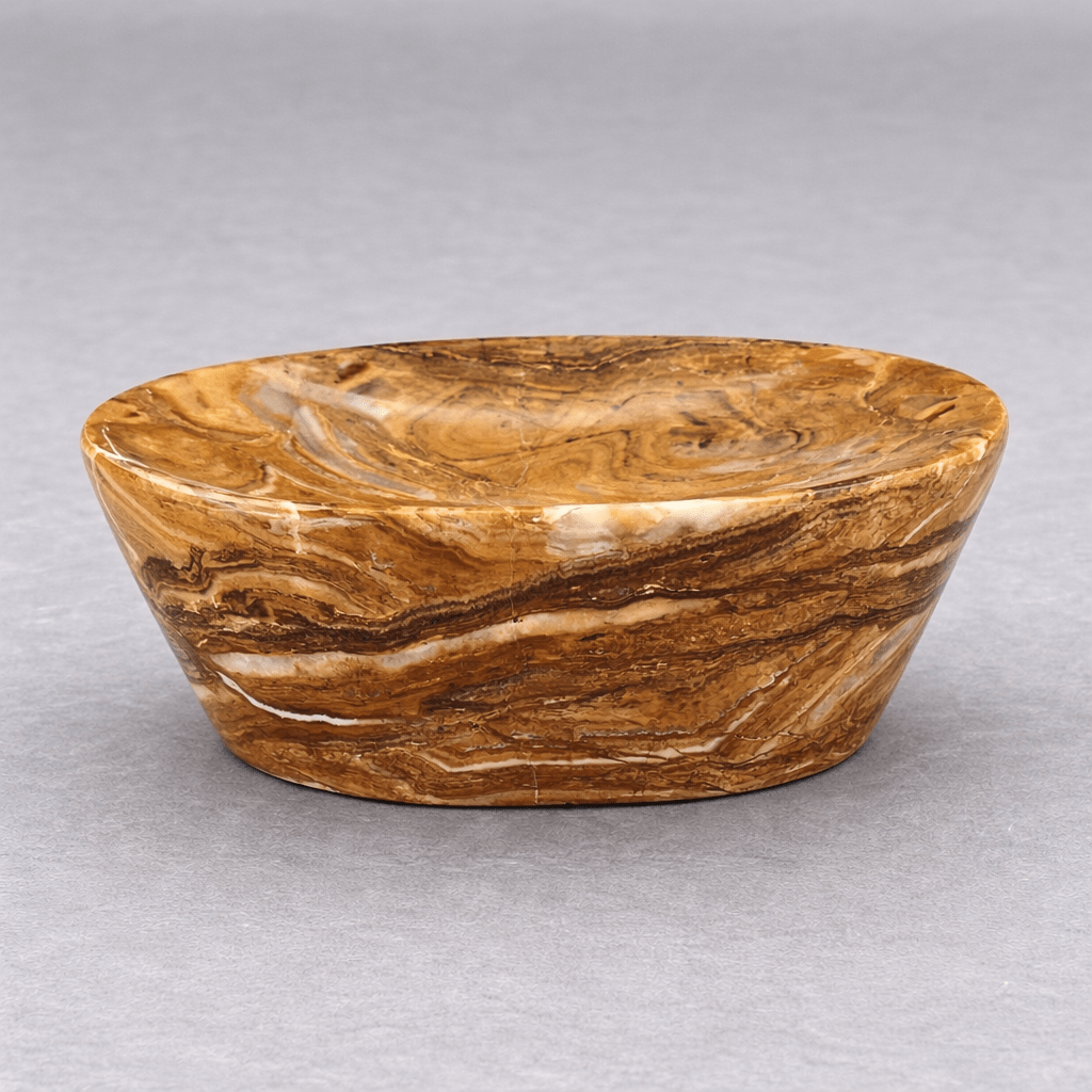 5-inch brown gemstone soap dish with glossy cupped oval bowl and natural swirls