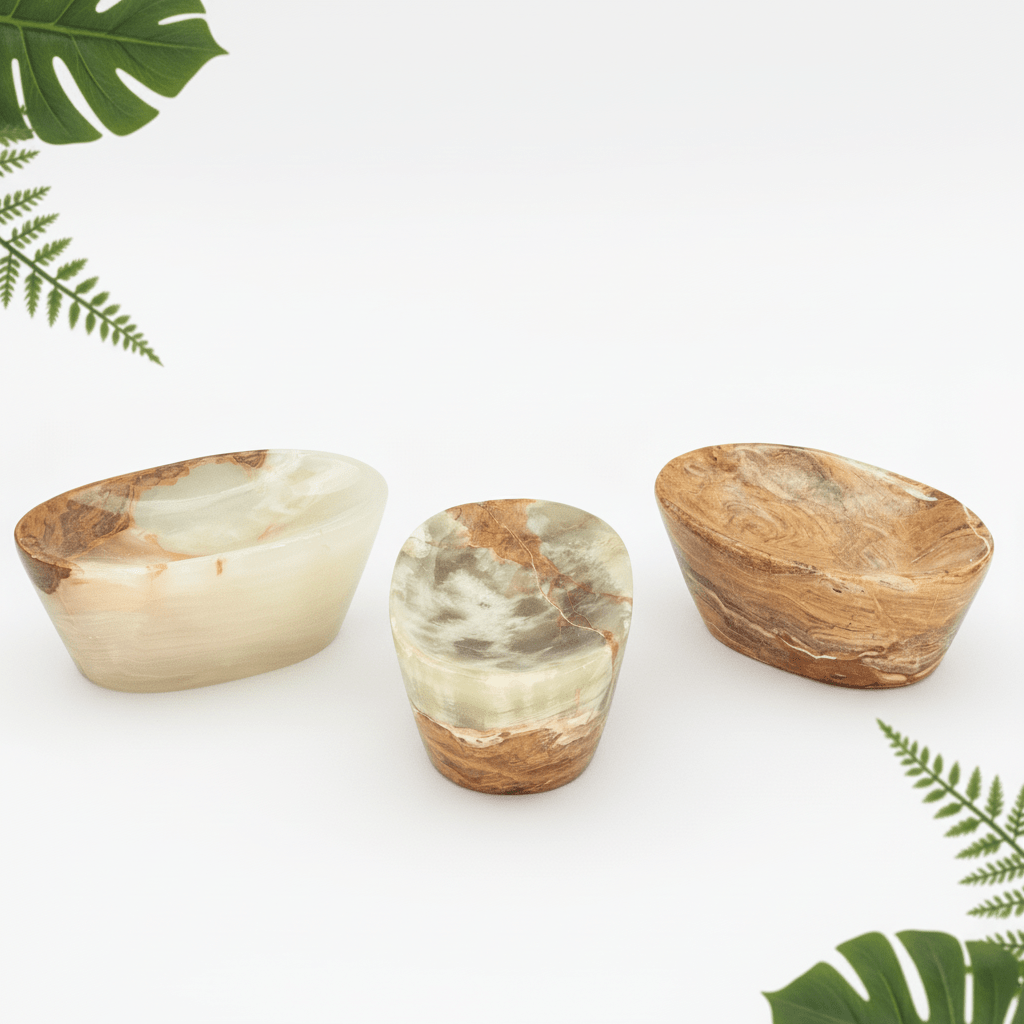 5-inch gemstone soap dish set of three, oval bowls in cream and brown marbled stone
