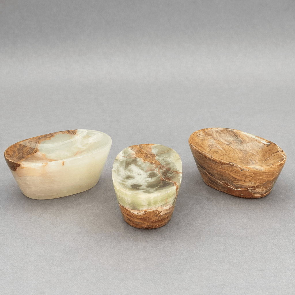 5-inch gemstone soap dish trio, cream and brown oval bowls with natural stone veining