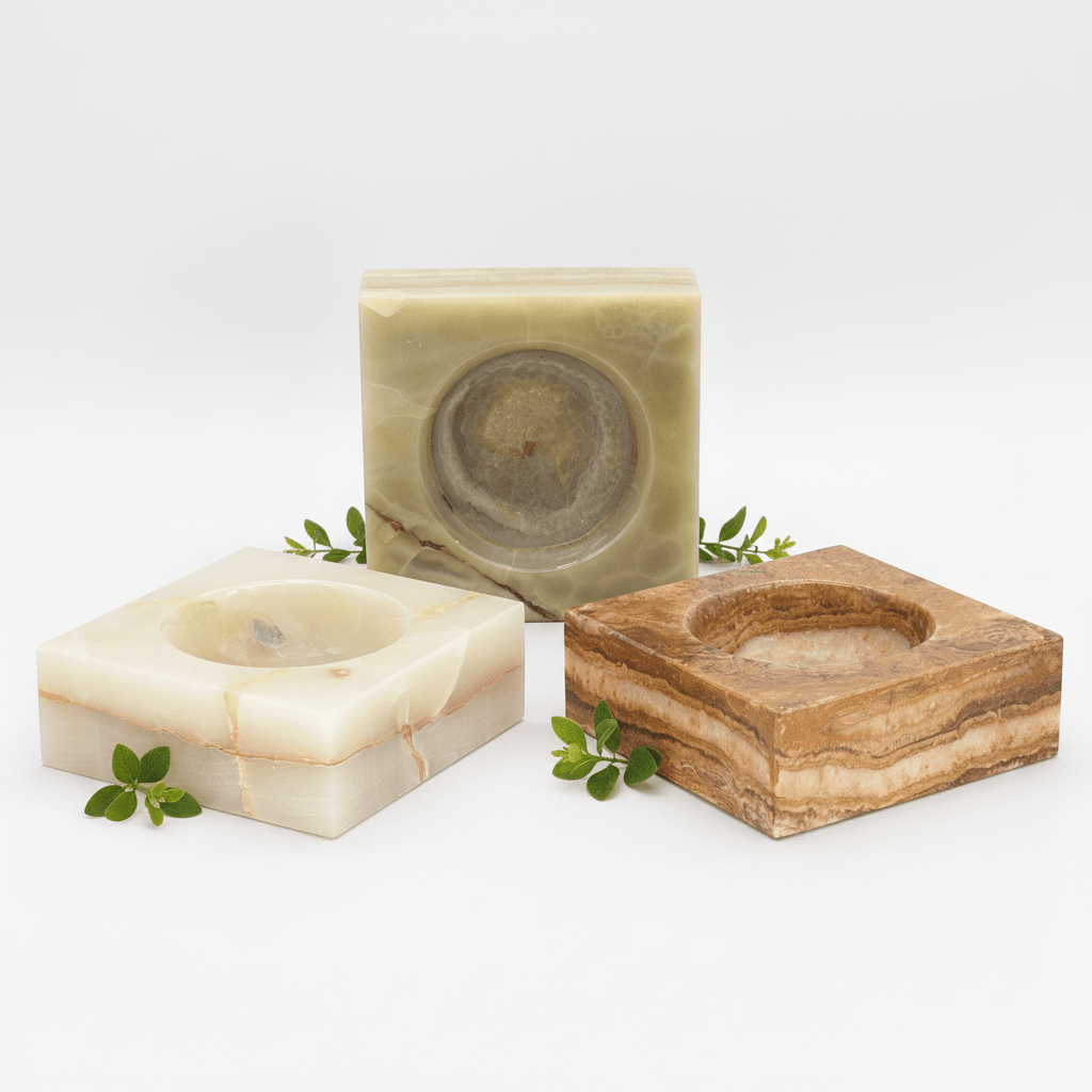 Square gemstone bowl set, three trays with round insets in white, green, and brown