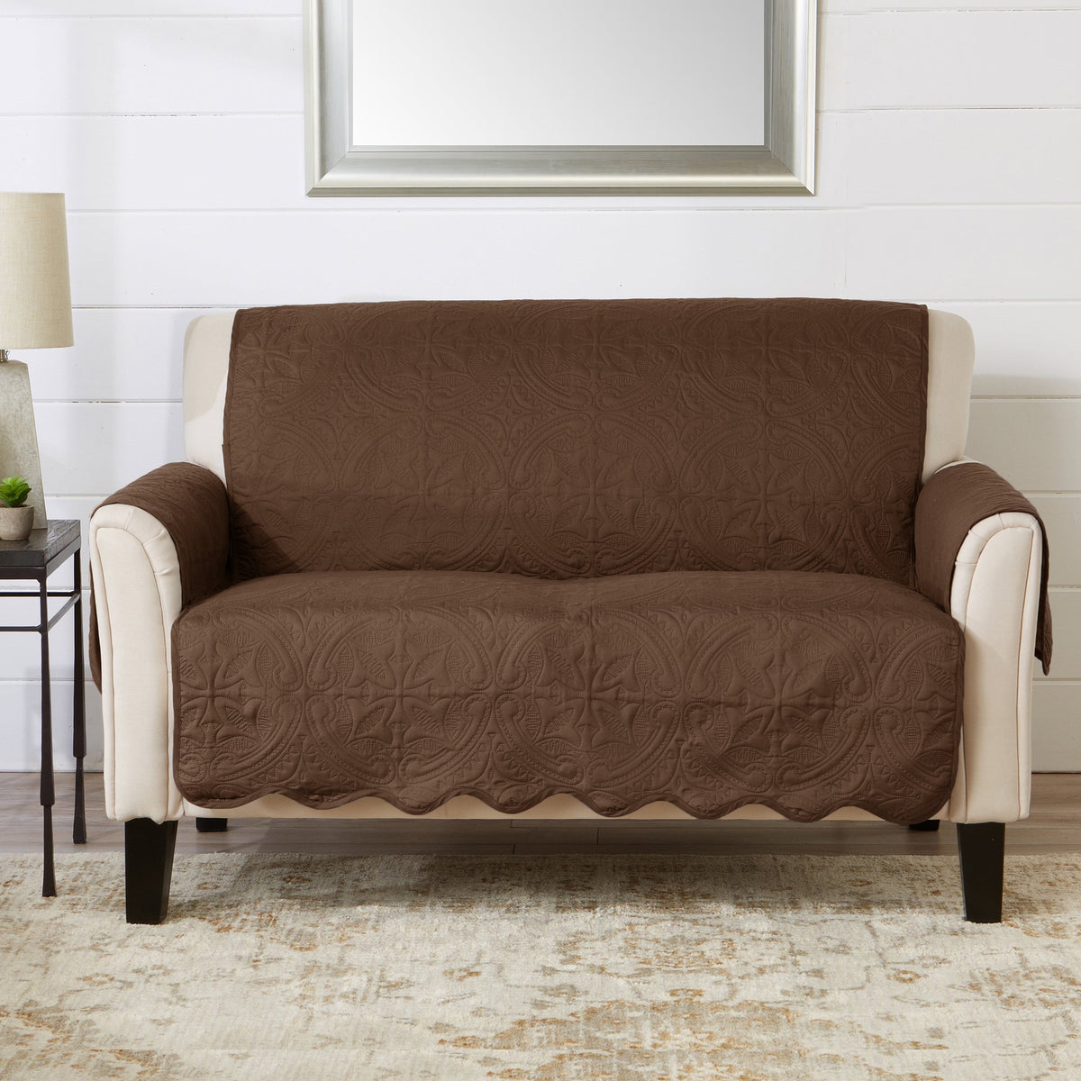Brown recliner protector covering seat and back with beige arm sections