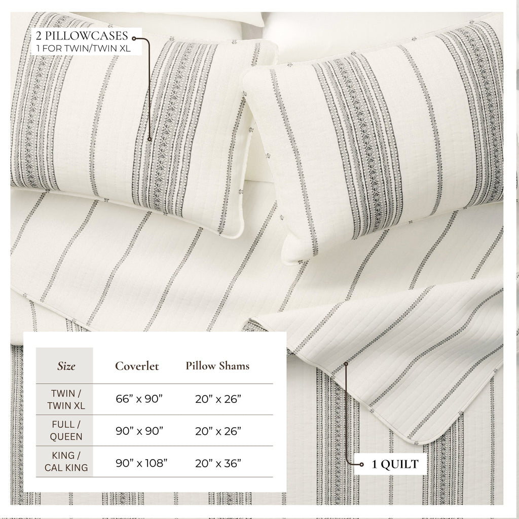Vertical stripe quilt in cream with dark grey bands and channel quilting