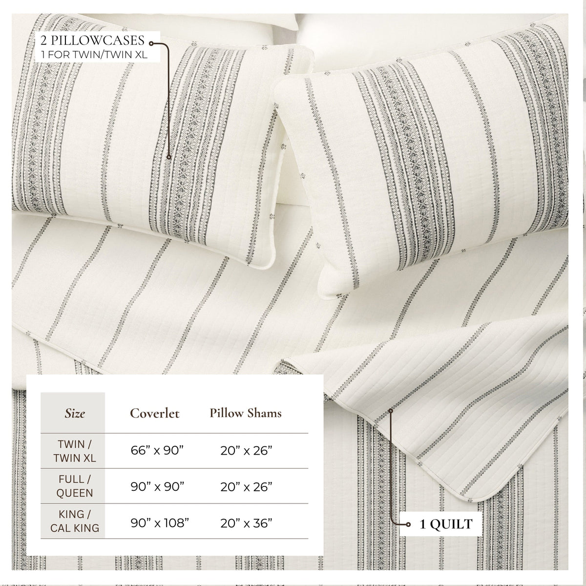 Vertical stripe quilt in cream with dark grey bands and channel quilting