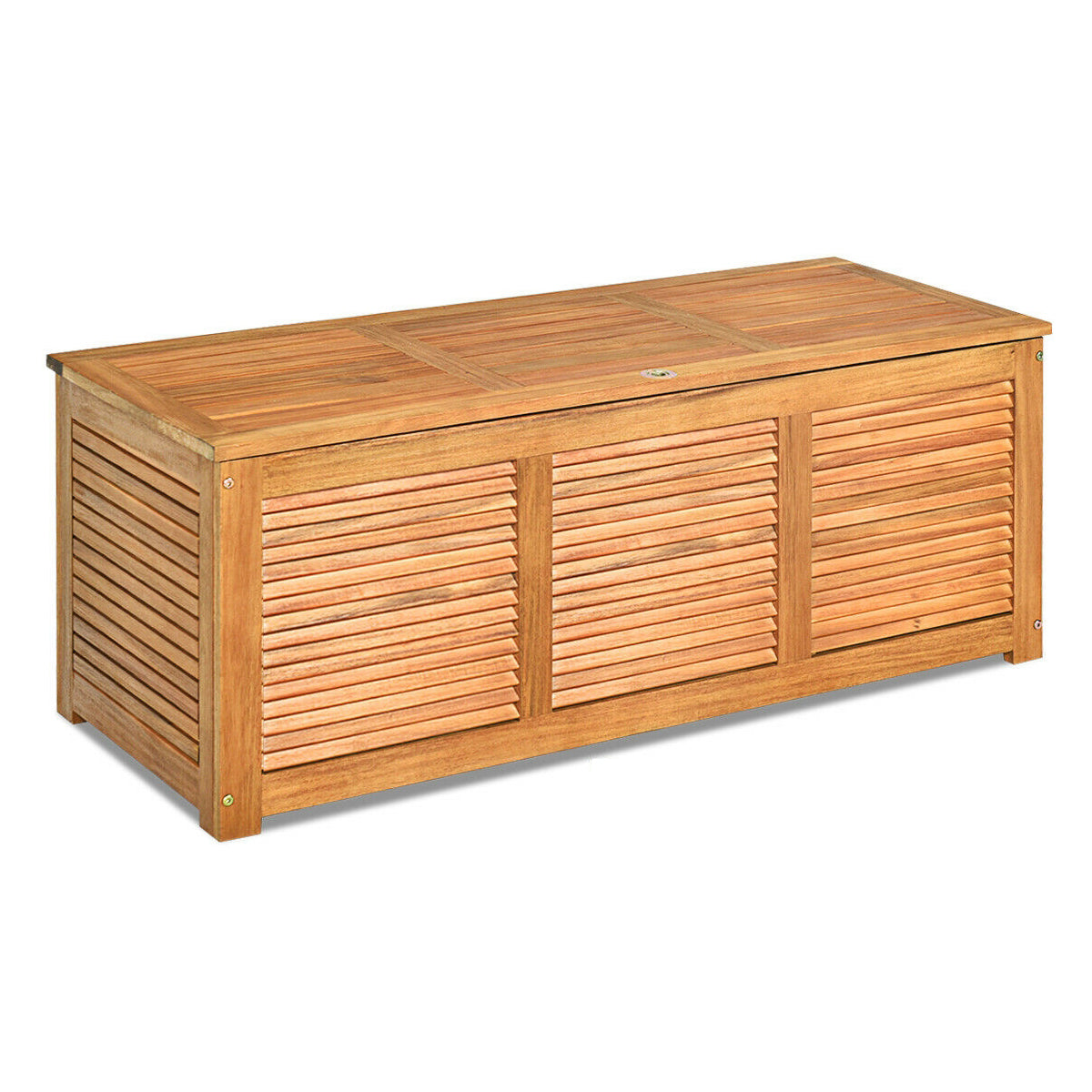 Acacia wood storage bench box with hinged lid and slatted front shutters