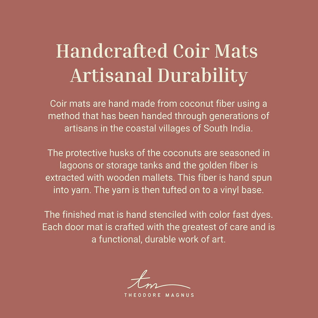 Info graphic about handcrafted coir mats, with THEODORE MAGNUS logo