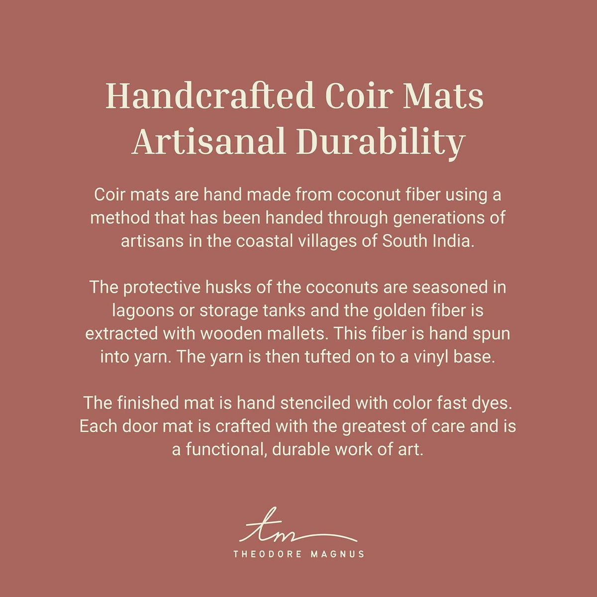 Info graphic about handcrafted coir mats, with THEODORE MAGNUS logo