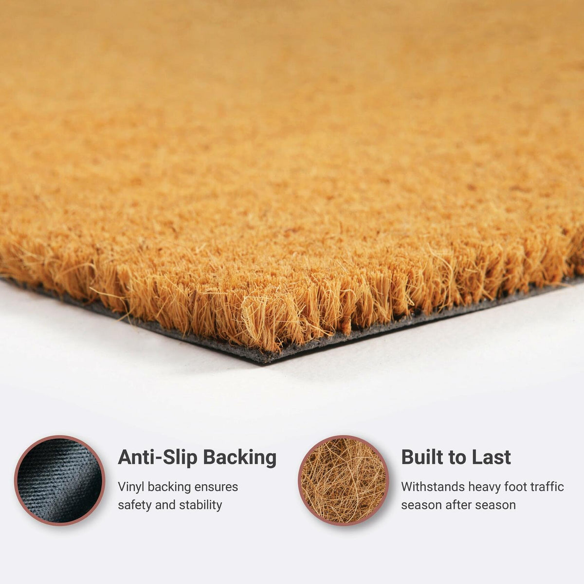 Close-up of brown coir door mat fibers with anti-slip backing