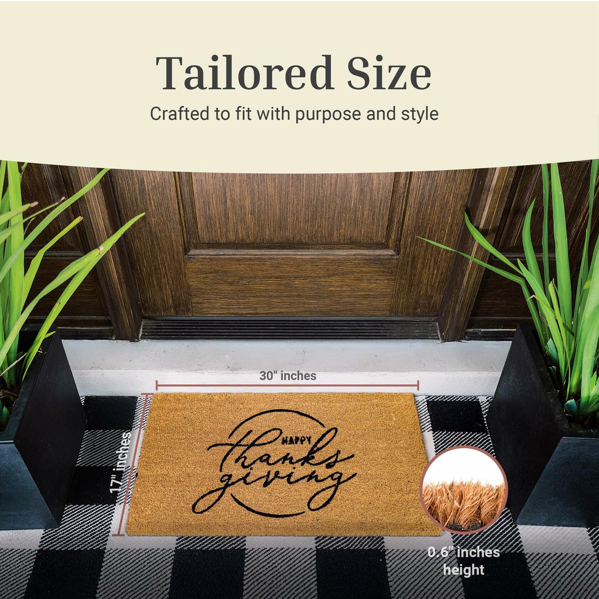 Tan coir door mat featuring "Happy Thanks giving" script for front doors
