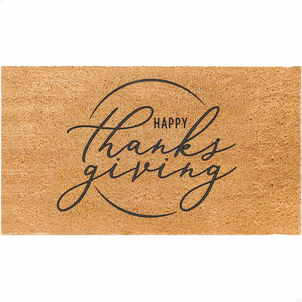 Fall coir door mat in tan with cursive "Happy Thanks giving" design