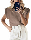 Brown sleeveless ribbed knitted turtleneck sweater vest with high collar