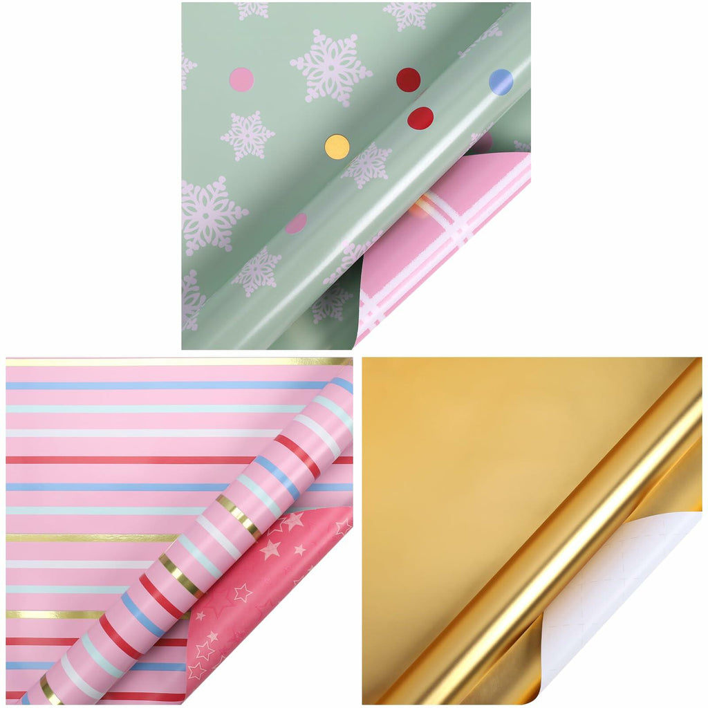 Close-up wrapping paper with mint snowflake, pink stripe plaid, and gold metallic sheet