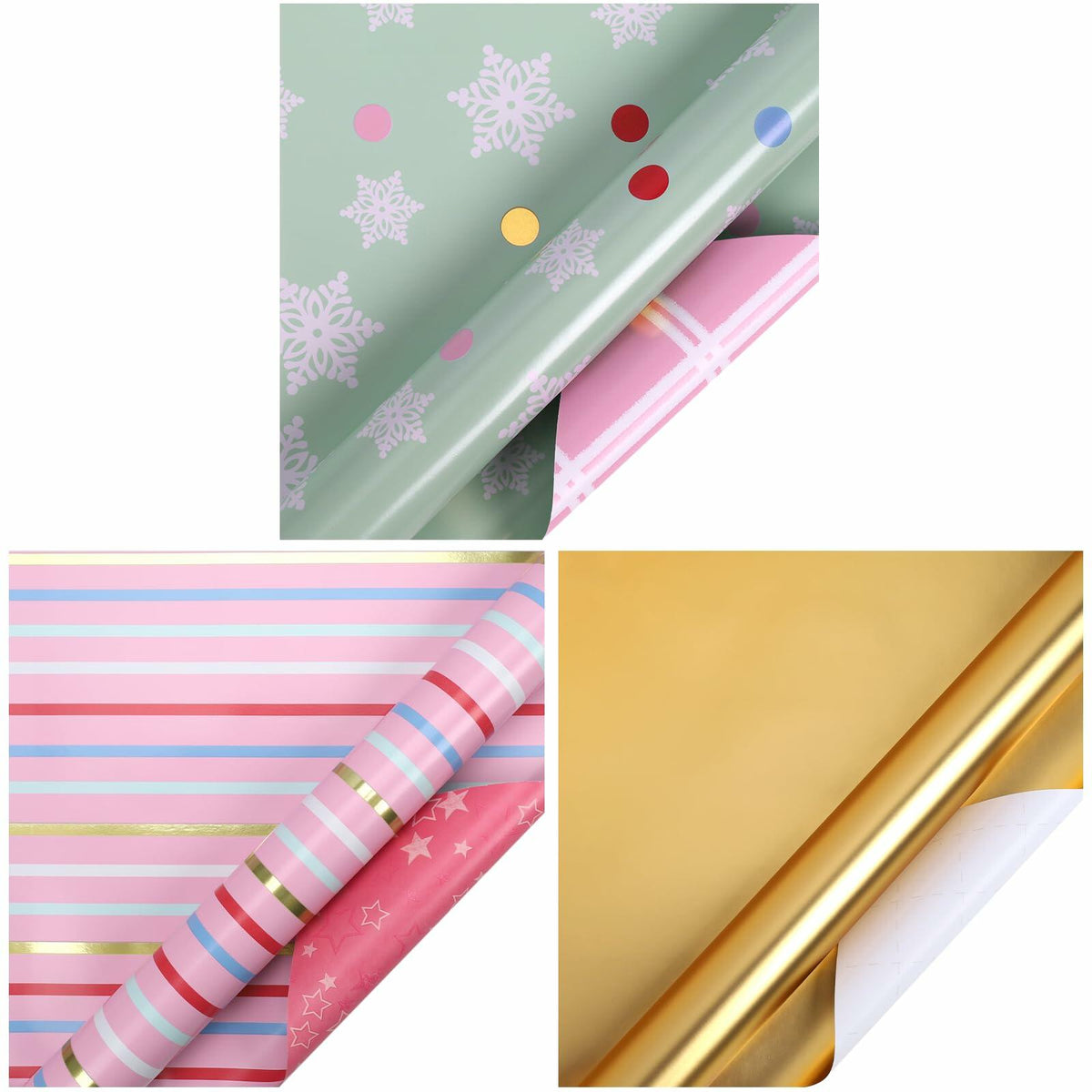 Close-up wrapping paper with mint snowflake, pink stripe plaid, and gold metallic sheet