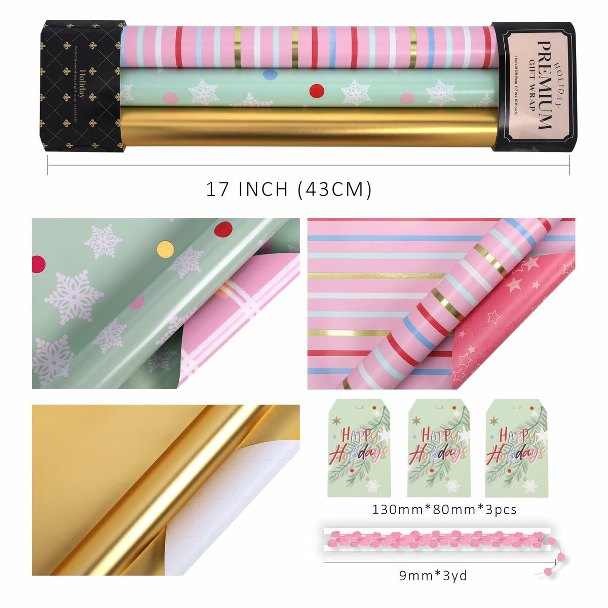 Wrapping paper rolls with mint snowflake, pink stripe/plaid, and gold foil; size diagram shown