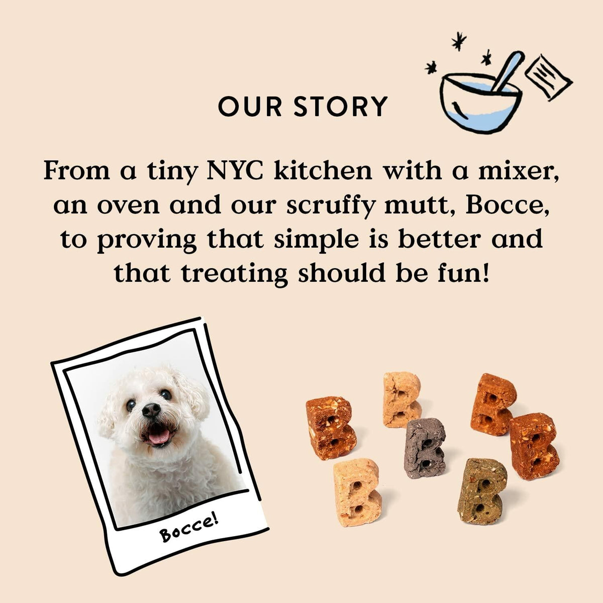 Bocce's story panel with small dog photo and assorted treat pieces