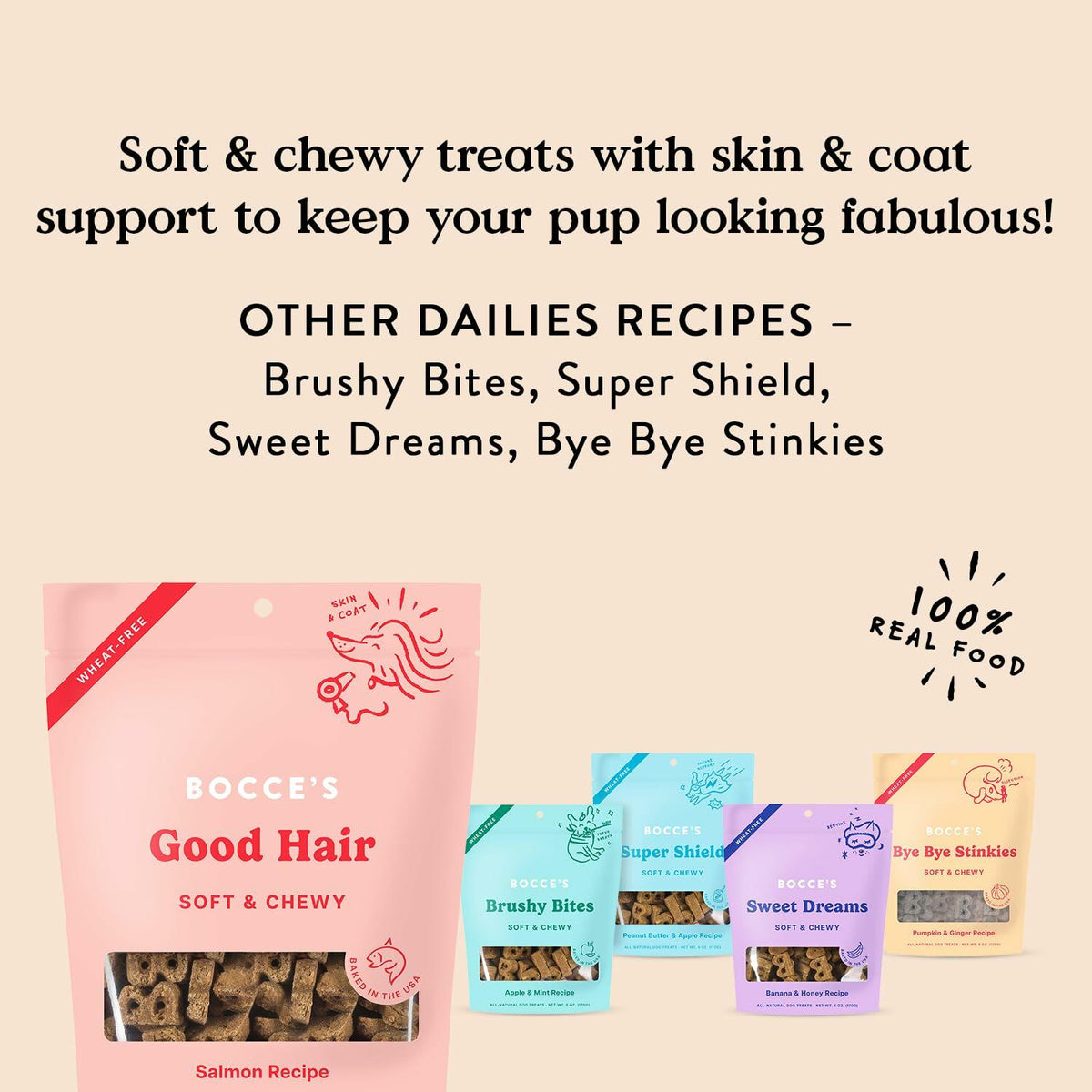 Good Hair treats lineup panel with Bocce's bag and other flavor packs