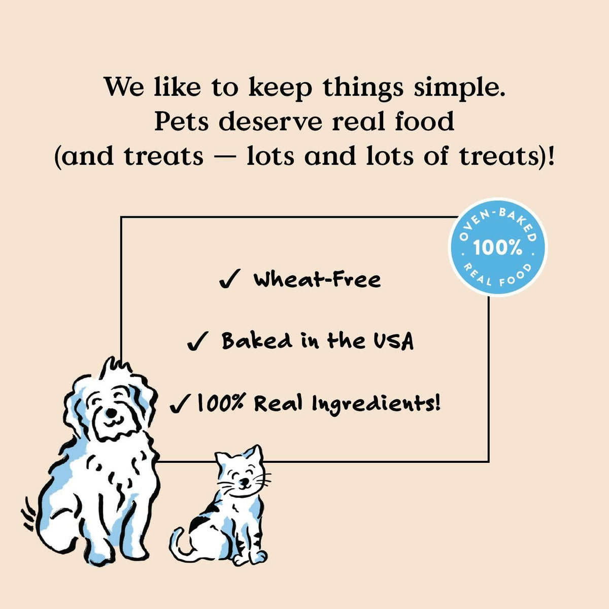Wheat-free and baked in USA dog treat info panel with seal badges