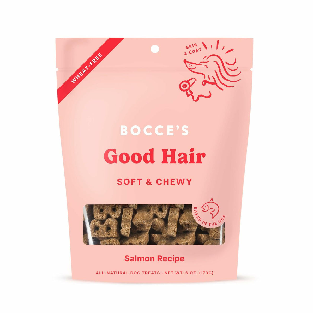 Pink Bocce's Good Hair salmon dog treat bag, soft & chewy, with treat window