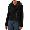Black faux-sherpa moto zipper jacket with hood, diagonal front zipper