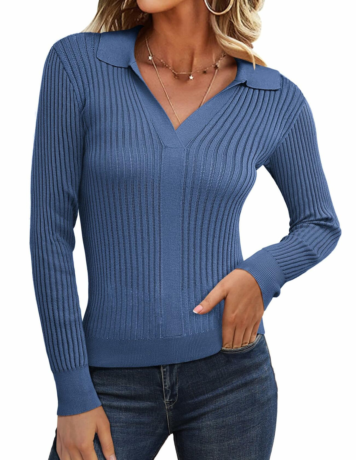Denim blue ribbed knit pullover sweater with V-neck and long sleeves