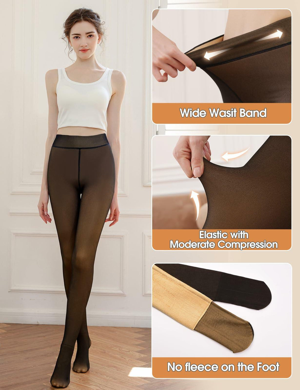 Black high-waist thermal tights with sheer mesh appearance, full-length legs