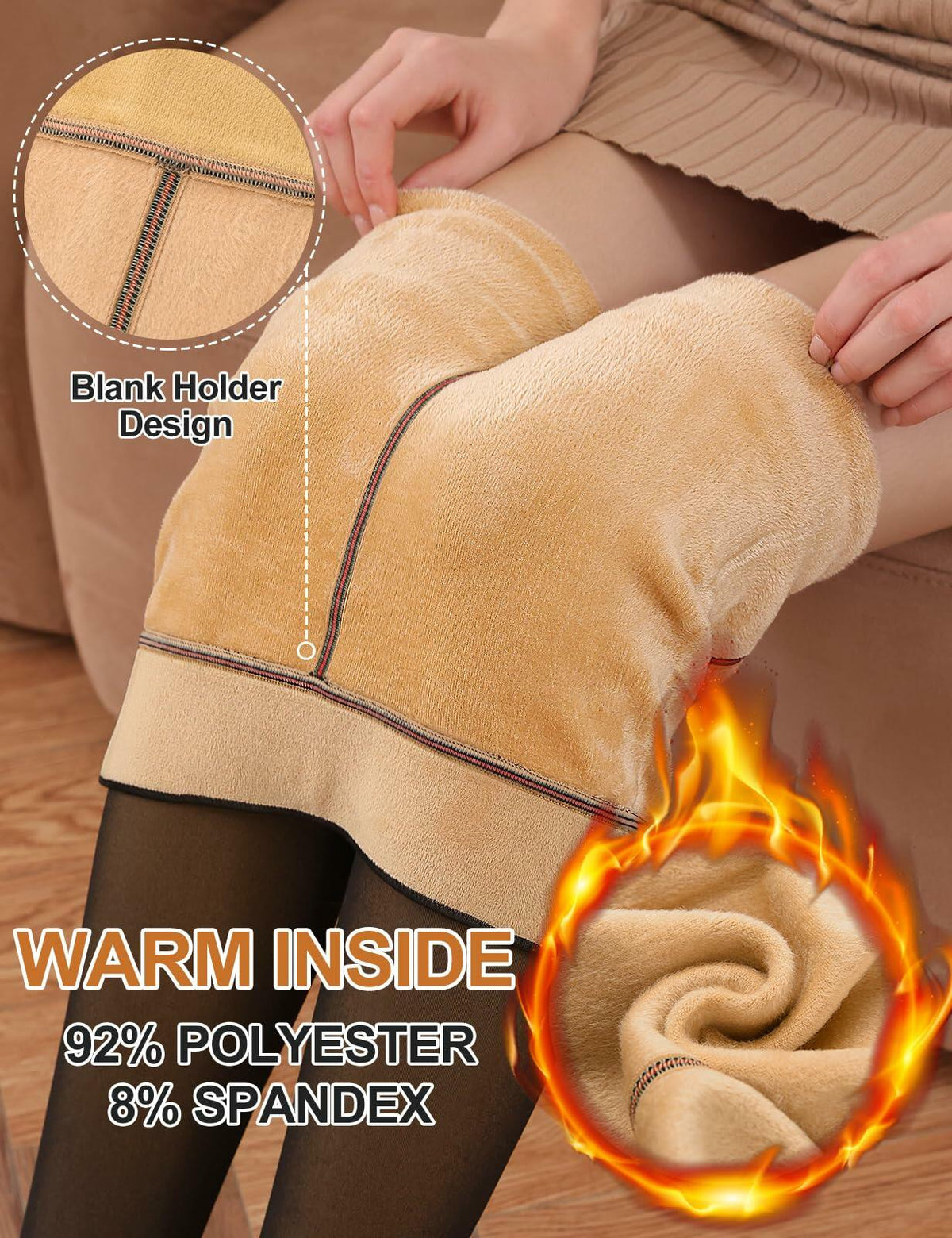 Black tights with tan fleece lining shown at the inner leg opening
