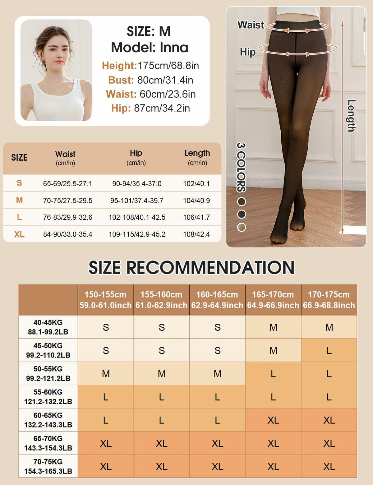 Black thermal tights with wide waistband and full-length leg coverage