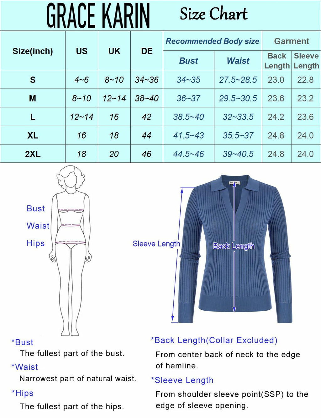 GRACE KARIN size chart with bust, waist, back length, and sleeve length S-2XL
