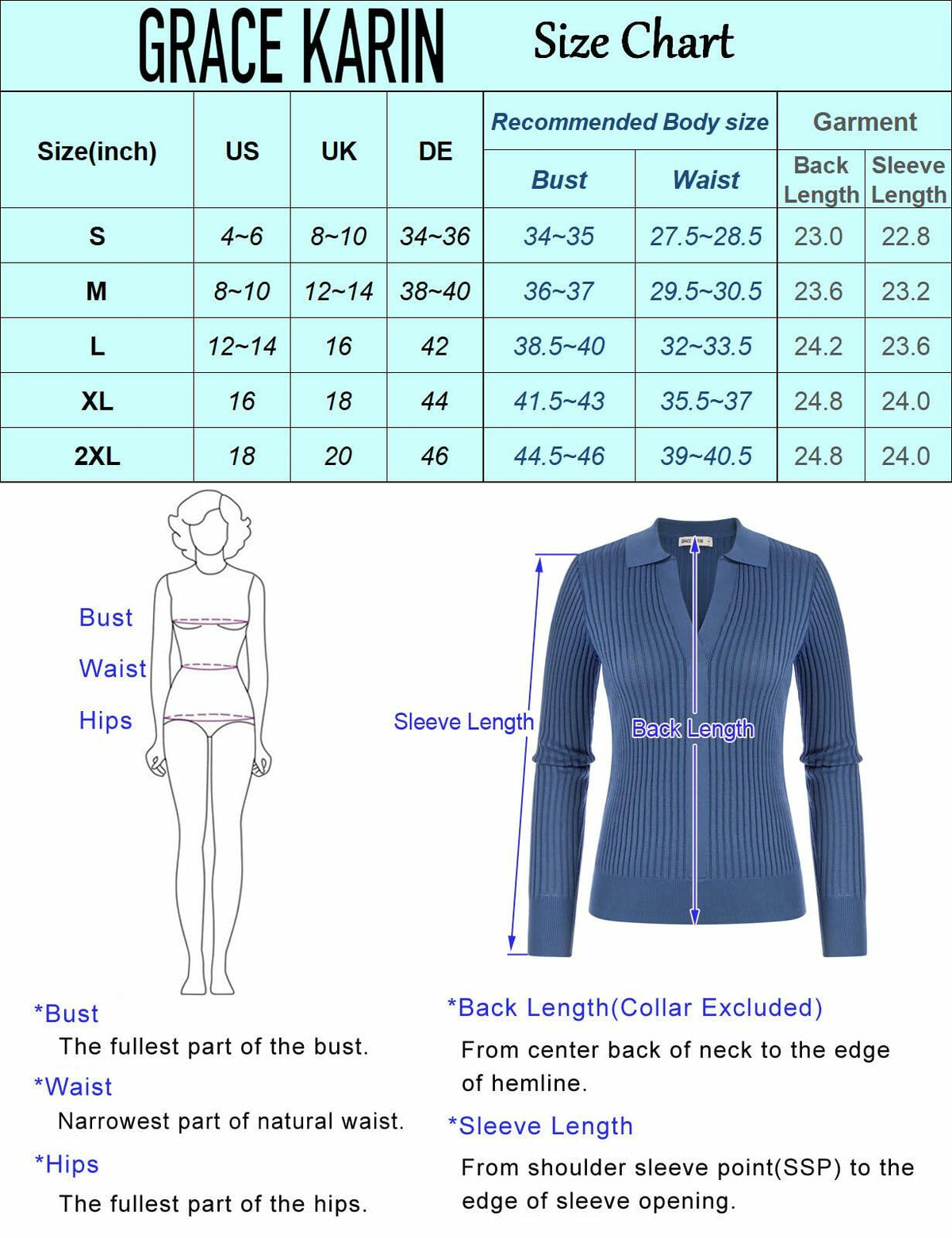 GRACE KARIN size chart with bust, waist, back length, and sleeve length S-2XL