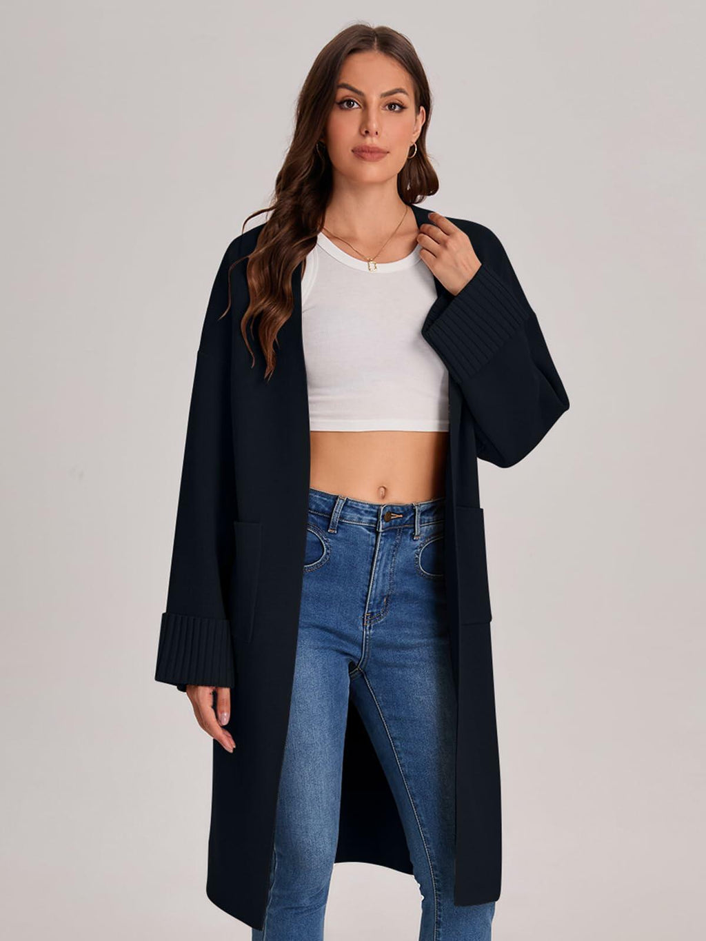 Women’s black oversized cardigan coatigan with open front and front patch pockets.