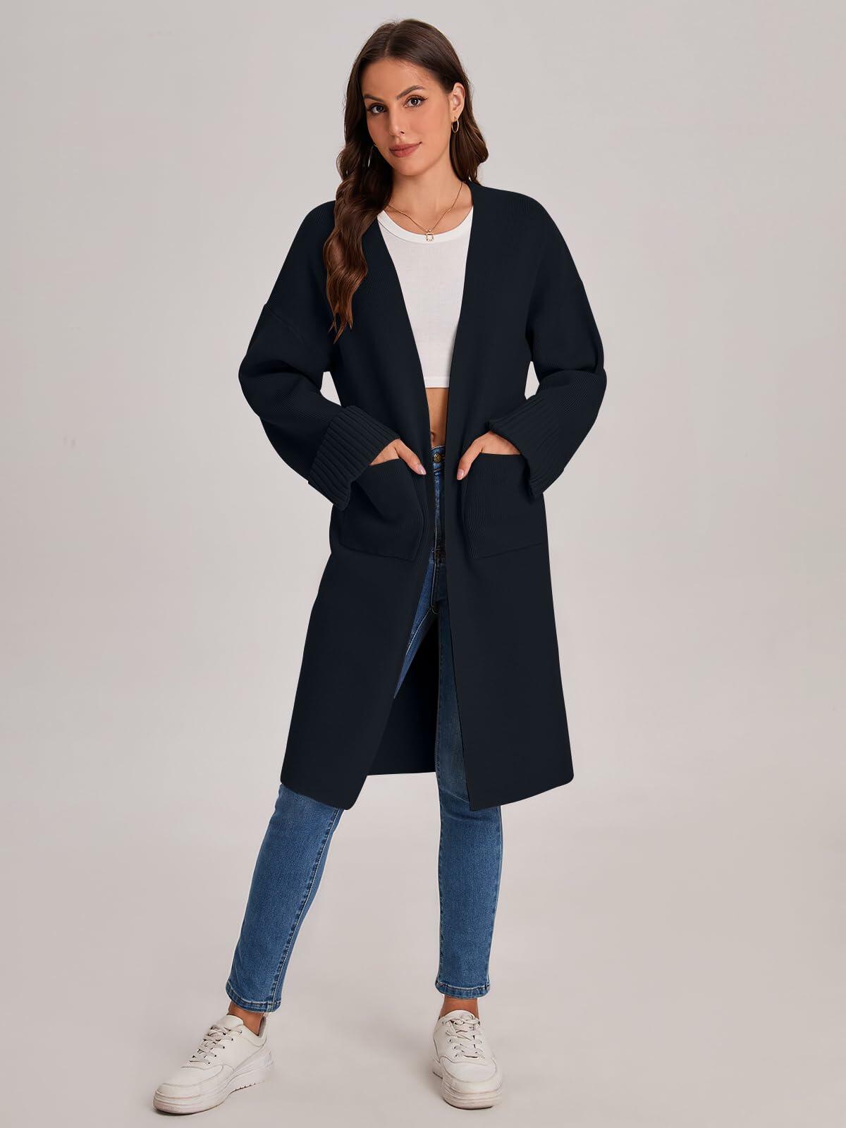 Women’s black long cardigan coatigan with open front, side pockets, and ribbed cuffs.