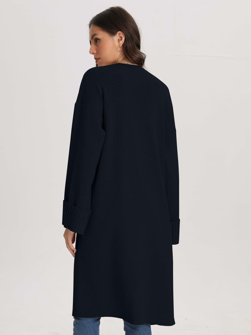 Women’s black long cardigan coatigan back view with full-length sleeves.
