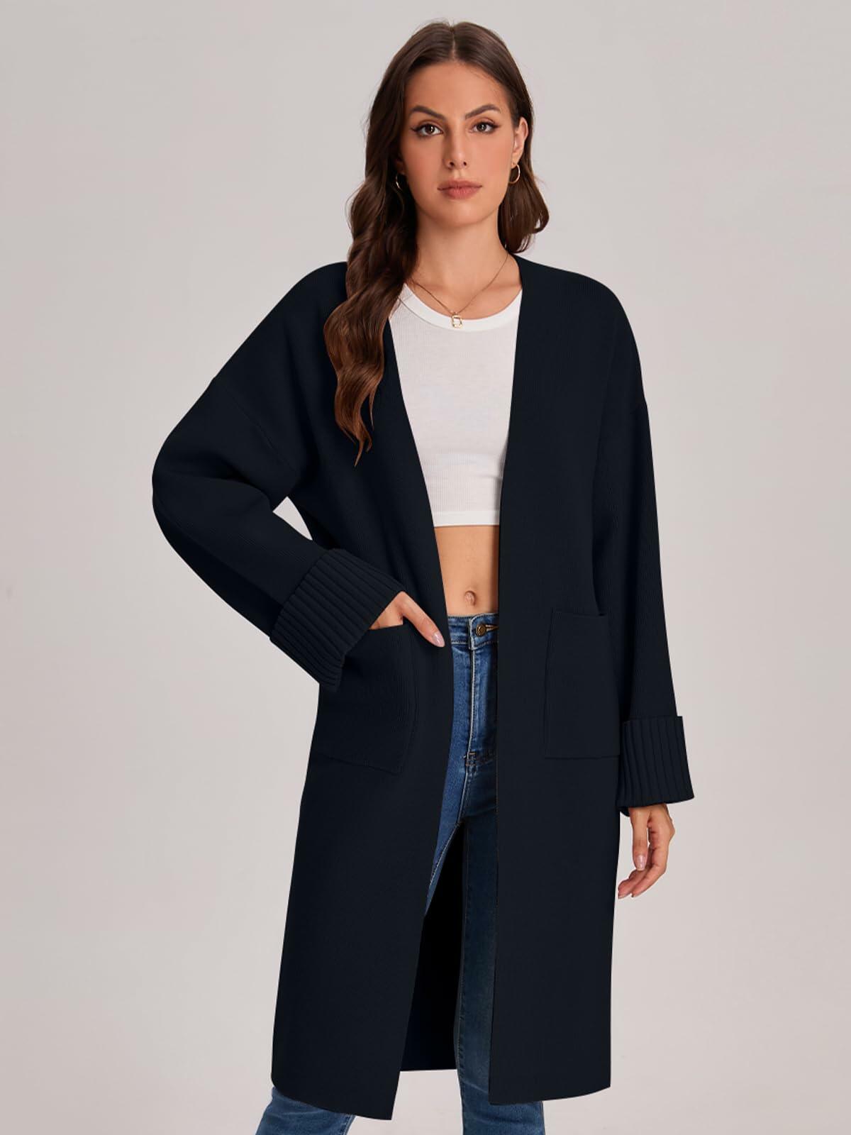 Women’s black oversized coatigan cardigan with open front and ribbed sleeve cuffs.