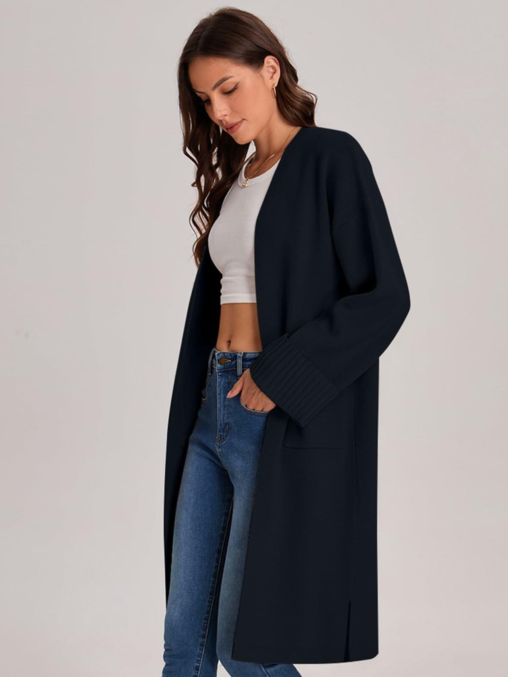 Women’s black long cardigan coatigan with open front and ribbed cuff sleeves.